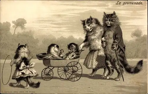 Präge Litho Vermenschlichte Katzen, Familie, Kinderwagen, Reifen