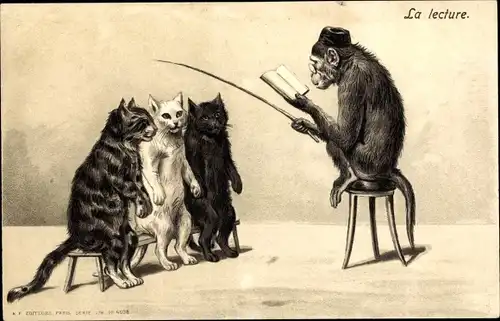 Präge Litho Vermenschlichte Tiere, Katzen, Affe als Lehrer, Buch, Schimpanse
