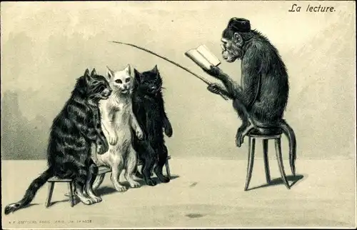 Präge Litho Vermenschlichte Tiere, Katzen, Affe als Lehrer, Buch, Schimpanse