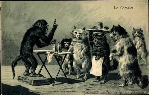 Präge Litho Le Gamelot, Schimpanse, Katzen, vermenschlichte Tiere