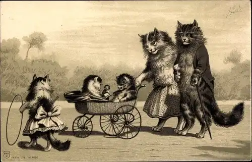 Präge Litho Vermenschlichte Katzen, Familie, Kinderwagen, Reifen