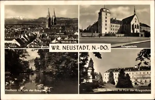 Ak Wiener Neustadt in Niederösterreich, Totale, Kriegsschule, Knollteich, Maria Theresia im Park