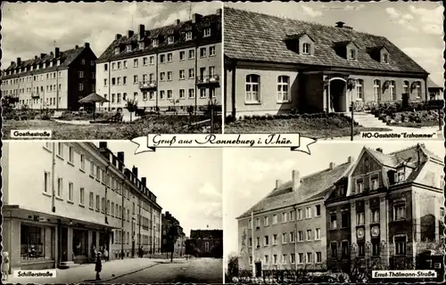 Ak Ronneburg in Thüringen, Goethestraße, HO-Gaststätte Erzhammer, Schifferstr., Ernst-Thälmann-Str.