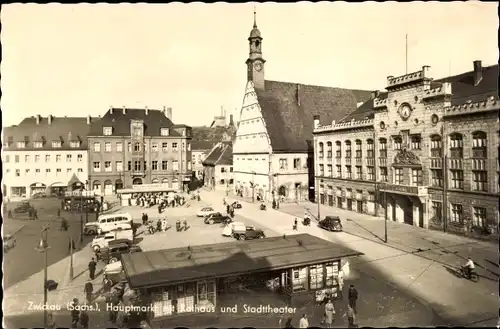 Ak Zwickau in Sachsen, Hauptmarkt mit Rathaus und Stadttheater