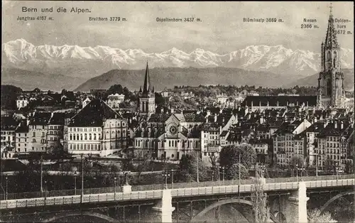 Ak Bern Stadt Schweiz, Ansicht mit Jungfrau, Breithorn, Blümlisalp, Niesen