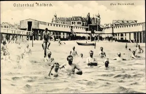 Ak Seebad Ahlbeck Usedom, Herrenbad, Besucher, Gebäude