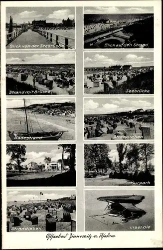 Ak Ostseebad Zinnowitz auf Usedom, Strand mit Brücke, Blick von der Seebrücke, Kurpark, Insel Ole