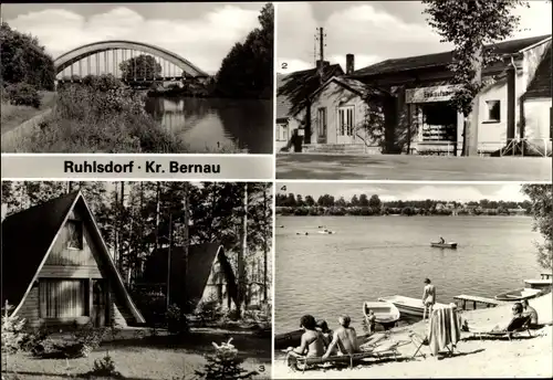 Ak Ruhlsdorf Marienwerder Barnim, Kanal mit Eisenbahnbrücke, Kaufhalle, Bungalowsiedlung, Kiessee