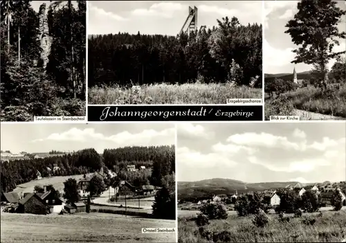 Ak Johanngeorgenstadt im Erzgebirge, Erzgebirgsschanze, Teufelsstein im Steinbachtal, Kirche