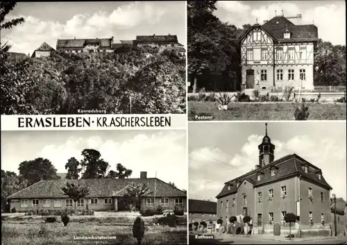Ak Ermsleben Falkenstein Harz, Postamt, Konradsburg, Landambulatorium, Rathaus