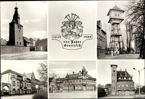 Ak Groitzsch in Sachsen, Stadtturm, Wasserturm, Hotel Weißes Roß, Rathaus, Gerätehaus der FFW
