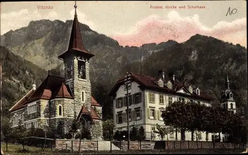 Ak Vitznau Kanton Luzern, Protest. Kirche und Schulhaus