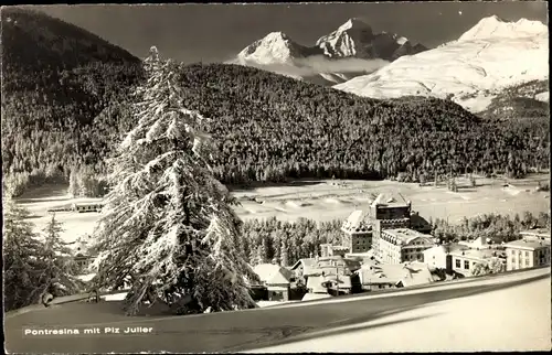 Ak Pontresina Kanton Graubünden Schweiz, Gesamtansicht mit Piz Julier, Winter