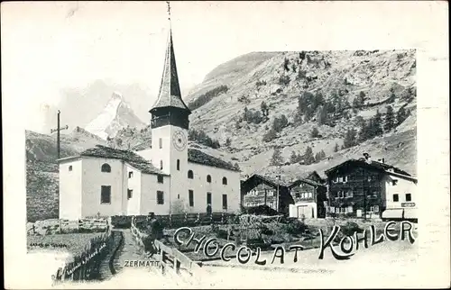 Ak Zermatt Kanton Wallis Schweiz, Kirche, Ortspartie, Chocolat Kohler