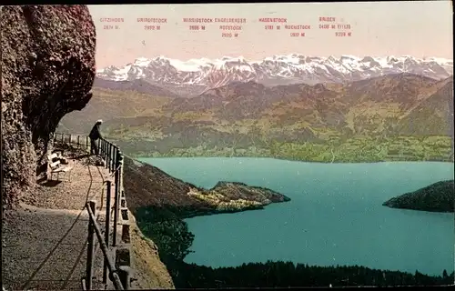 Ak Rigi First Kanton Schwyz, Felsenweg mit Blick auf Vierwaldstättersee