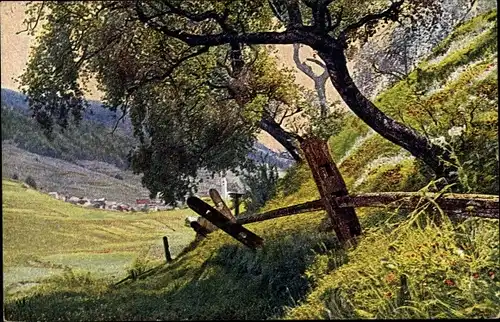 Künstler Ak Fetan Ftan Kt. Graubünden Schweiz, Ortsansicht, Feldweg