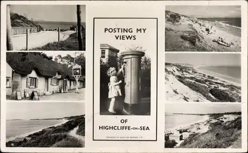 Ak Highcliffe Dorset England, Strandansichten, Gebäude, Mädchen wirft Karte in Postkasten