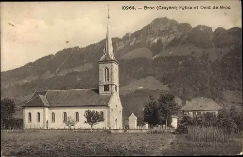 Postkarte Broc Gruyère Kanton Freiburg, Kirche und Dent de Broc