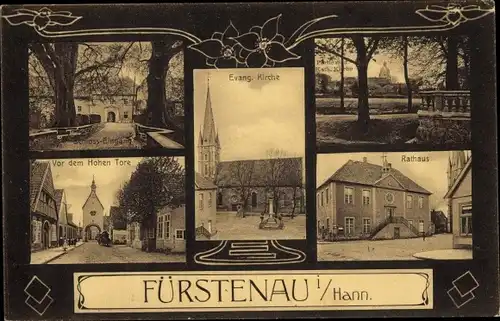 Ak Fürstenau in Niedersachsen, Ev. Kirche, Vor dem hohen Tore, Rathaus