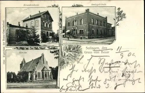 Ak Sulingen in Niedersachsen, Gruß vom Bazar, Amtsgebäude, Krankenhaus, Kirche
