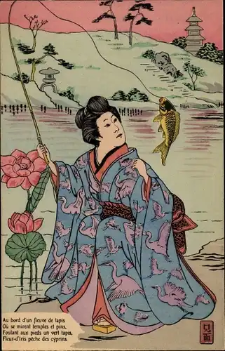 Ak Japan, Japanerin im Kimono beim Angeln