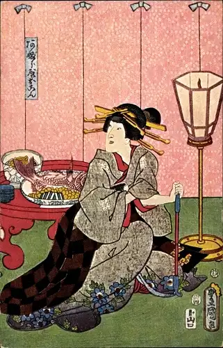 Künstler Ak Japan, Frau im Kimono, Esstisch