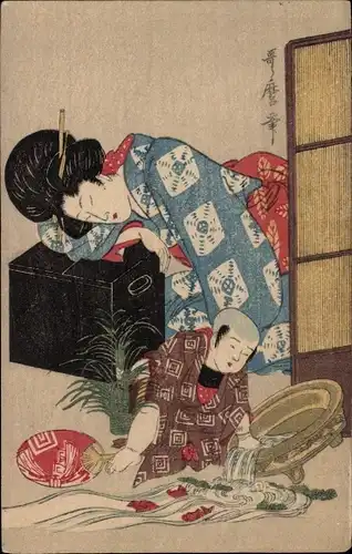 Künstler Ak Japan, Schlafende Frau im Kimono, spielendes Kind