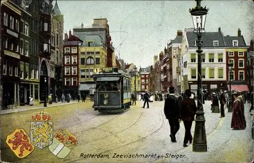 Ak Rotterdam Südholland, Zeevischmarkt, Steiger, Tram