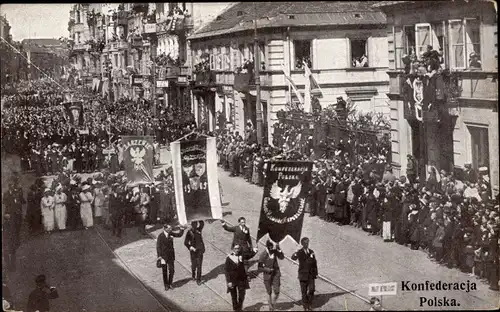 Ak Warszawa Warschau Polen, Konfederacja Polska, Festumzug 3. Mai 1916