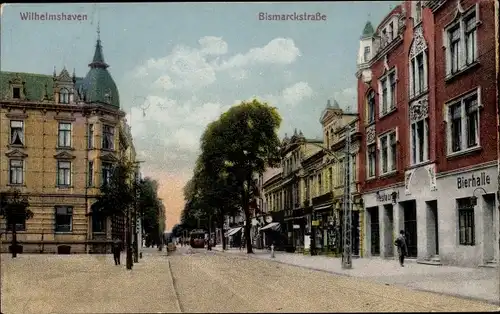 Ak Wilhelmshaven in Niedersachsen, Partie in der Bismarckstraße, Restaurant, Bierhalle, Straßenbahn