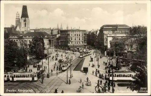 Ak Wrocław Breslau Schlesien, Königsplatz, Straßenbahnen
