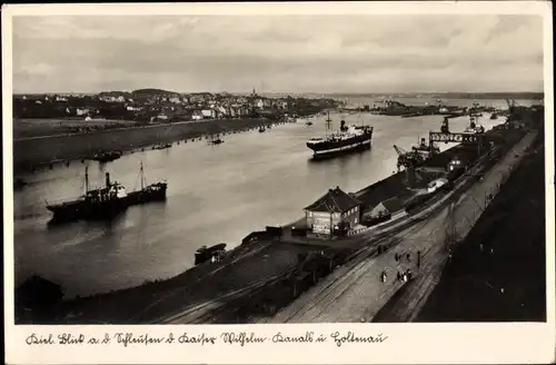 Ak Holtenau Kiel, Schleusen des Kaiser Wilhelm Kanals, Dampfer
