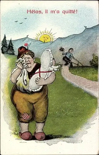 Ak Weinende Frau mit Baby, Mann läuft weg