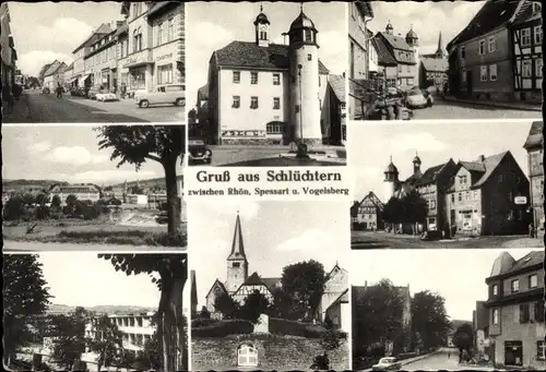 Ak Schlüchtern in Hessen, Teilansichten, Kirche, Straßenpartie, Geschäfte