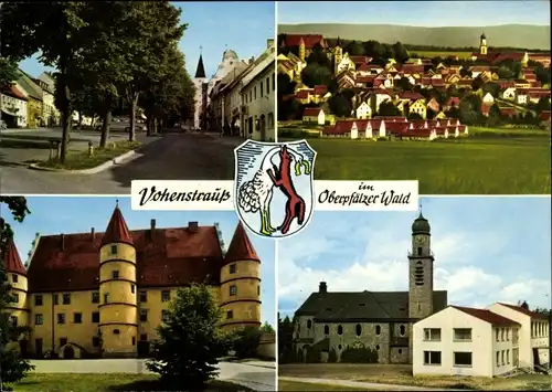 Ak Vohenstrauß im Oberpfälzer Wald Bayern, Wappen, Panorama, Kirche, Schloss