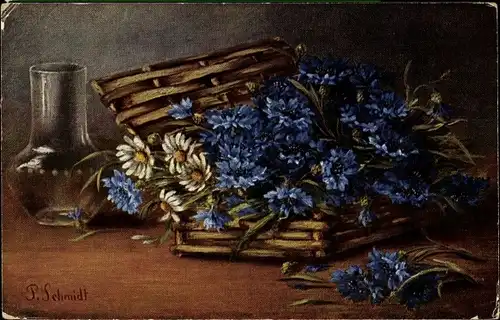 Künstler Ak Schmidt, P., Stillleben mit Kornblumen und Glasvase