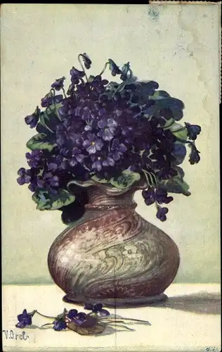 Künstler Ak Orel, Blumenvase mit Veilchen
