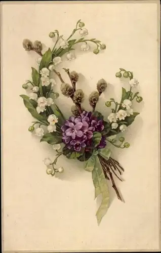 Ak Blumenstillleben, Veilchen, Maiglöckchen, Weidenkätzchen