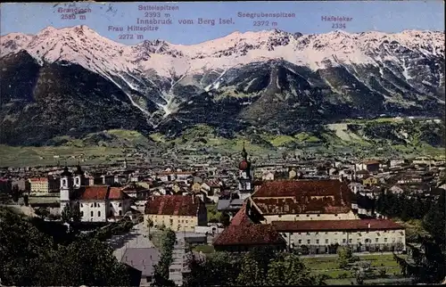 Ak Innsbruck in Tirol, Ortsansicht vom Berg Isel, Brandloch, Sattelspitzen, Frau Hittspitze