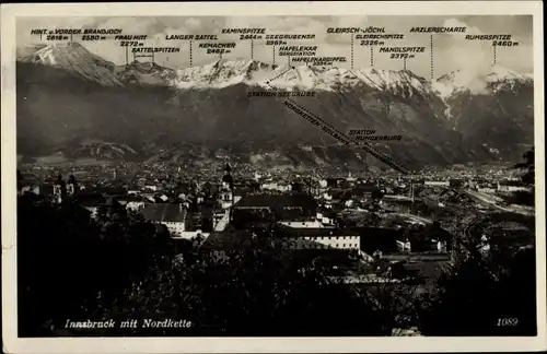 Ak Innsbruck in Tirol, Ortsansicht mit Nordkette, Kaminspitze, Rumerspitze, Arzlerscharte, Kemnacher