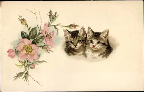 Litho Zwei kleine Katzen, Heckenrosen