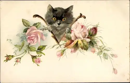 Litho Schwarze Katze umgeben von Rosen