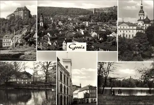 Ak Greiz im Vogtland, Oberes u. unteres Schloss, Stadtkirche, Schwanenhäuschen, Rathaus, Leninpark