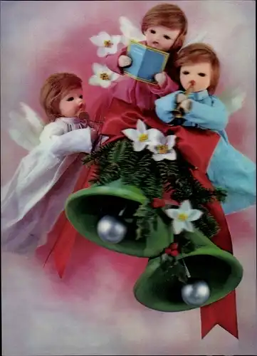 3-D Ak Frohe Weihnachten, Engel, Glocken