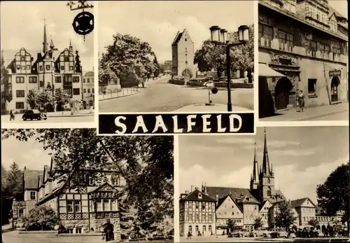 Ak Saalfeld an der Saale Thüringen, Saaltor, Markt mit St. Johanniskirche, Stadtapotheke