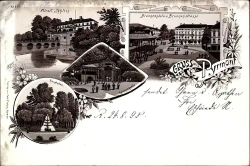 Vorläufer Litho Bad Pyrmont Niedersachsen, Fürstl. Schloss, Brunnenplatz, Hauptallee, Helenenquelle