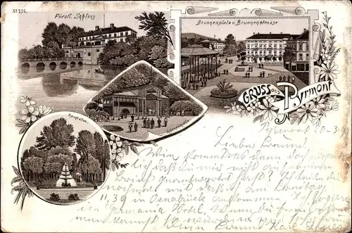 Litho Bad Pyrmont in Niedersachsen, Fürstl. Schloss, Brunnenplatz, Hauptallee, Helenenquelle