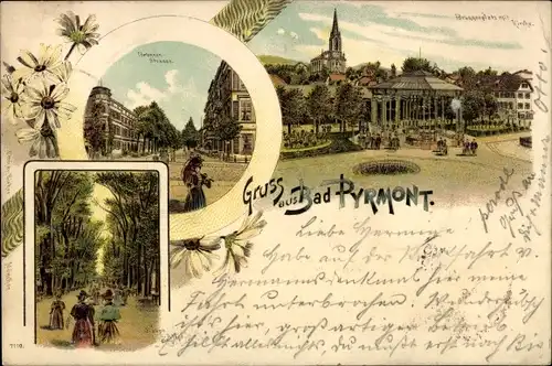 Litho Bad Pyrmont in Niedersachsen, Brunnenplatz mit Kirche, Brunnenstraße, Hauptallee