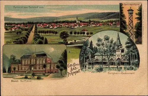 Litho Bad Pyrmont in Niedersachsen, Spelunkenturm, Bergbahnrestaurant, Kurhaus, Totale