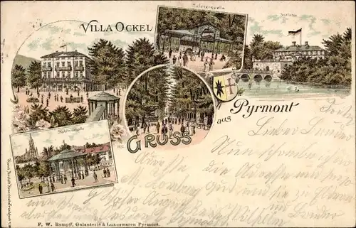 Litho Bad Pyrmont in Niedersachsen, Villa Ockel, Helenenquelle, Schloss